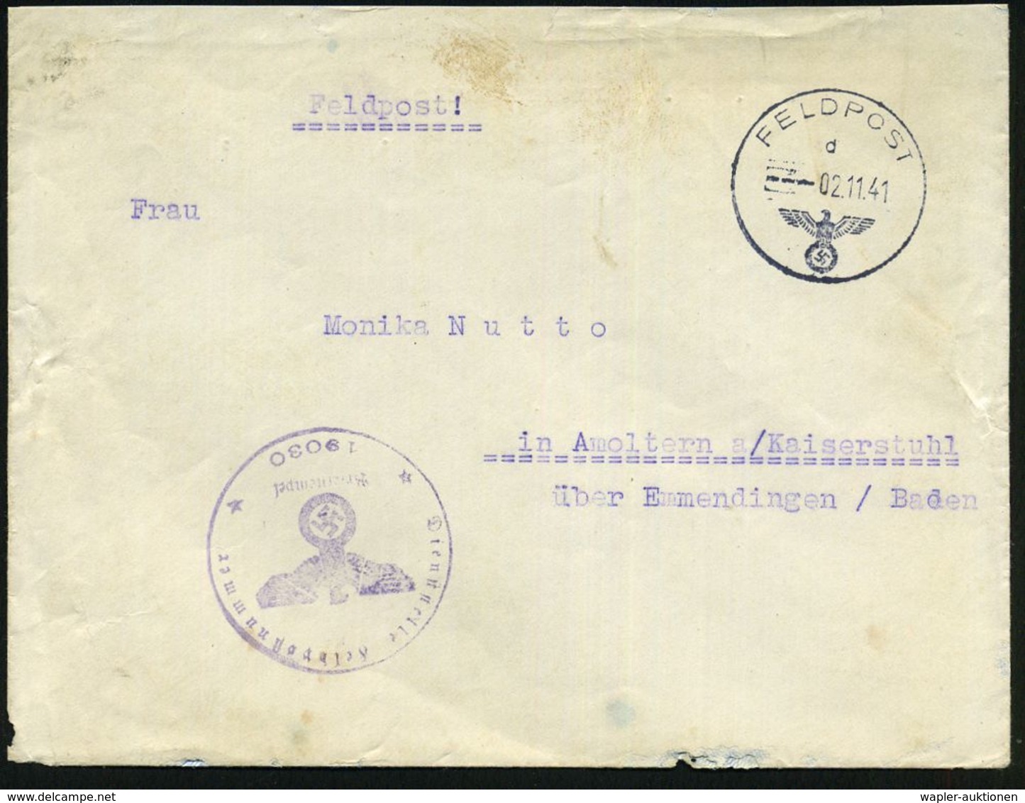 DT.BES.FRANKREICH 1941 (2.11.) 1K: FELDPOST/d/--- + Viol. 1K-HdN: Fp.-Nr. 19030 = Militär-Arrestanstalt Paris (Bf. Kl. R - WO2