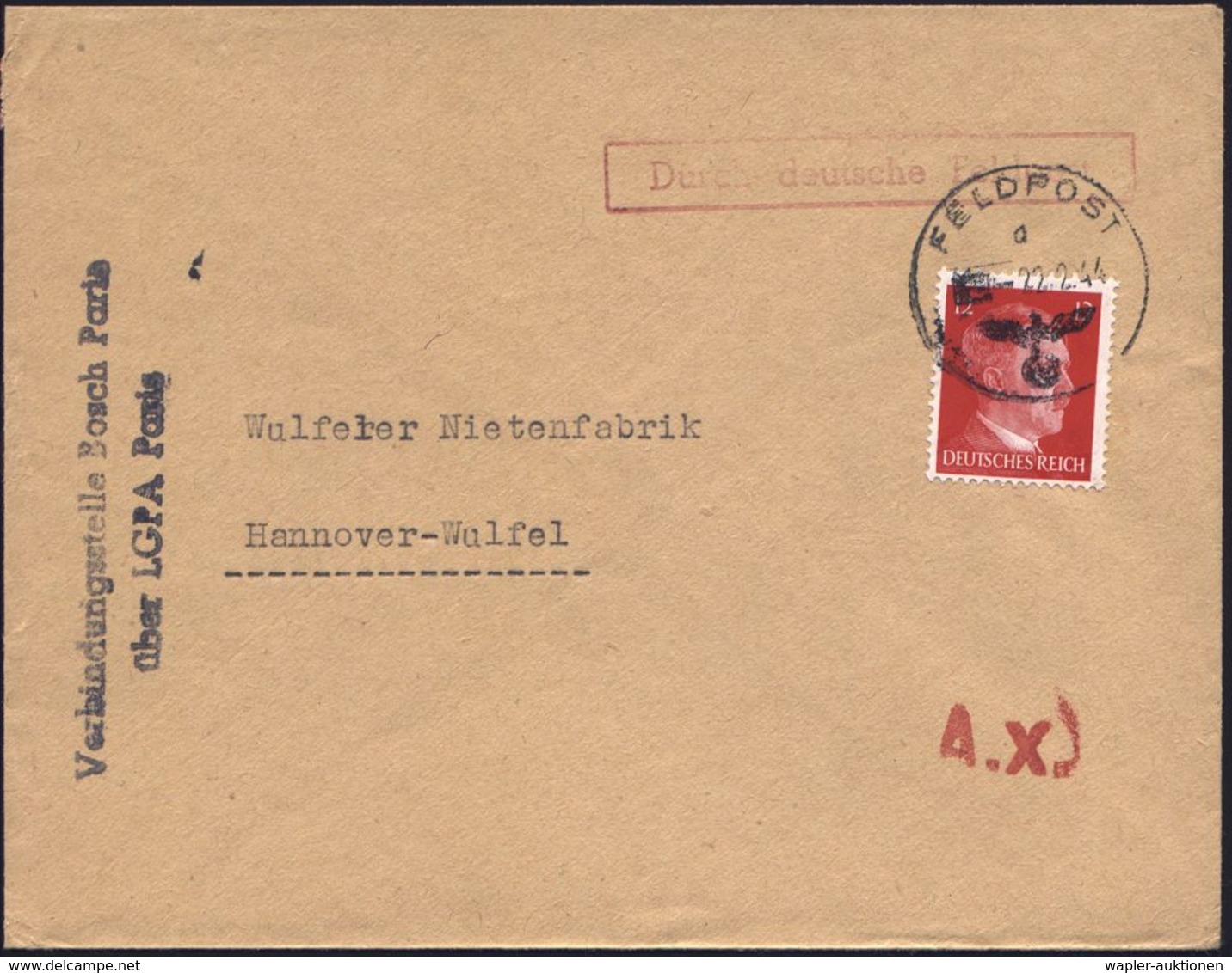 DT.BES.FRANKREICH 1944 (22.2.) 1K: FELDPOST/a/--- Auf EF 12 Pf. Hitler + Roter Ra.: Durch Dt. Feldpost + Viol. Abs.-2L:  - 2. Weltkrieg