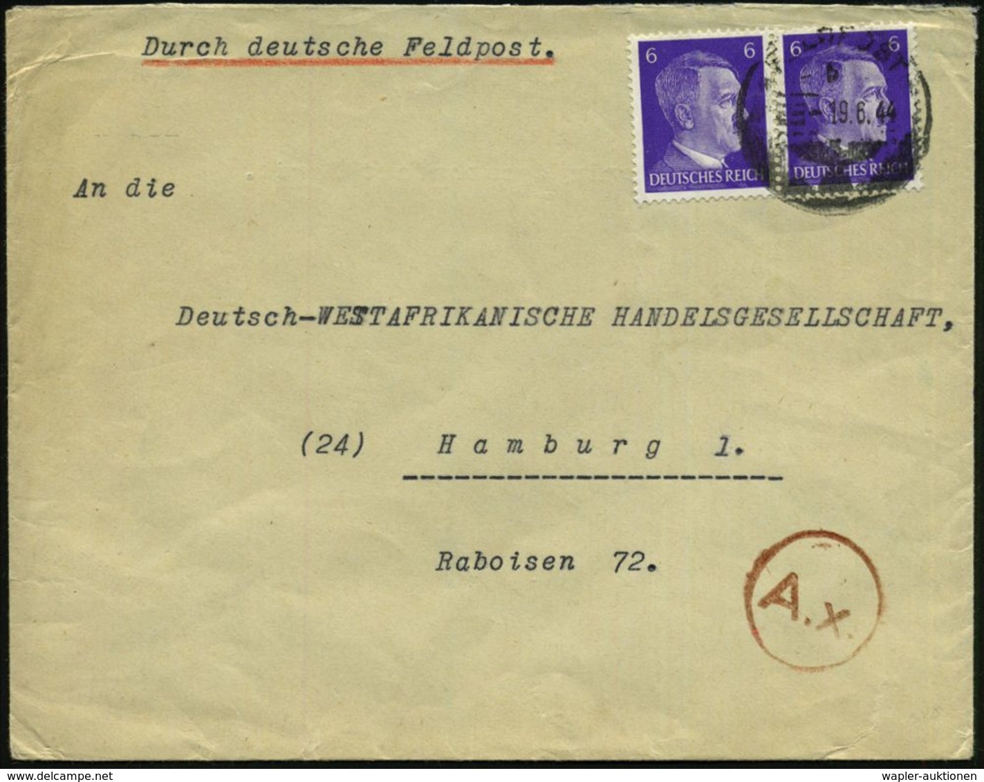 DT.BES.FRANKREICH 1944 (19.6.) 1K: FELDPOST/b/--- Auf Paar 6 Pf. Hitler + Vs. Roter Zensur-1K: A. X. = Paris (Rie.X-31 B - 2. Weltkrieg