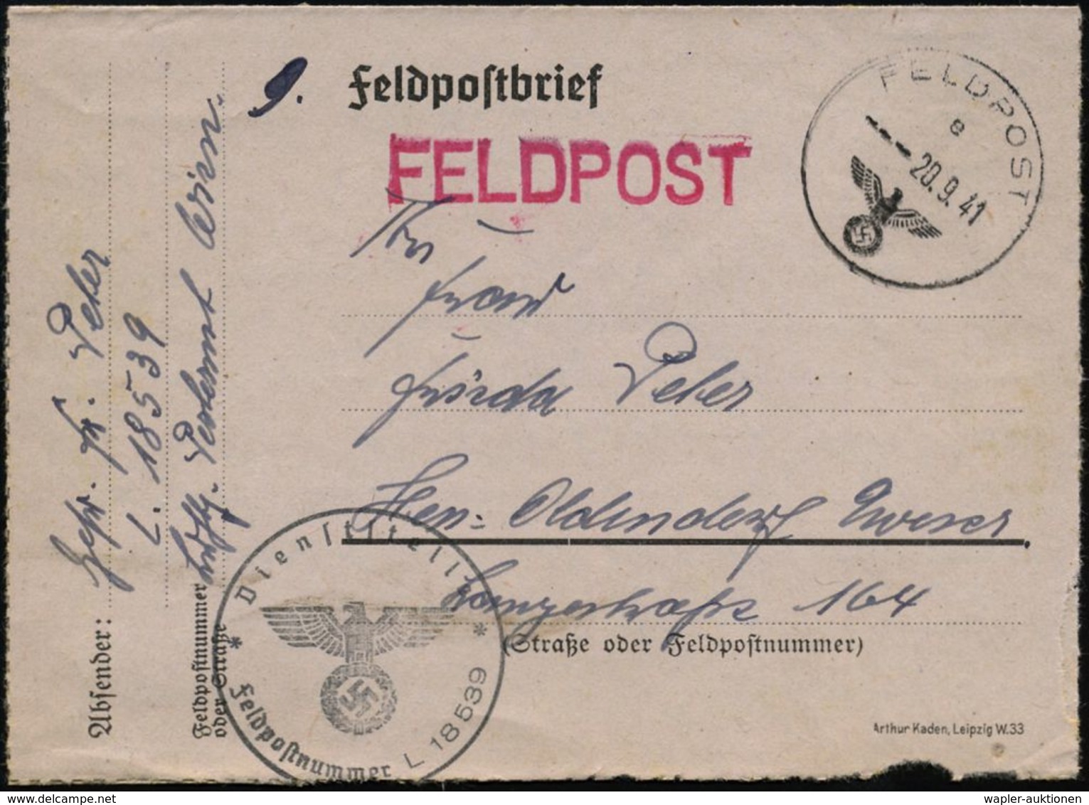 DT.BES.GRIECHENLAND 1941 (20.9.) 1K: FELDPOST/e/--- + Schw. 1K-HdN: Fp.Nr. L 18 539 = Luftw. Nachschub Kol. Abt. Südost, - Guerre Mondiale (Seconde)