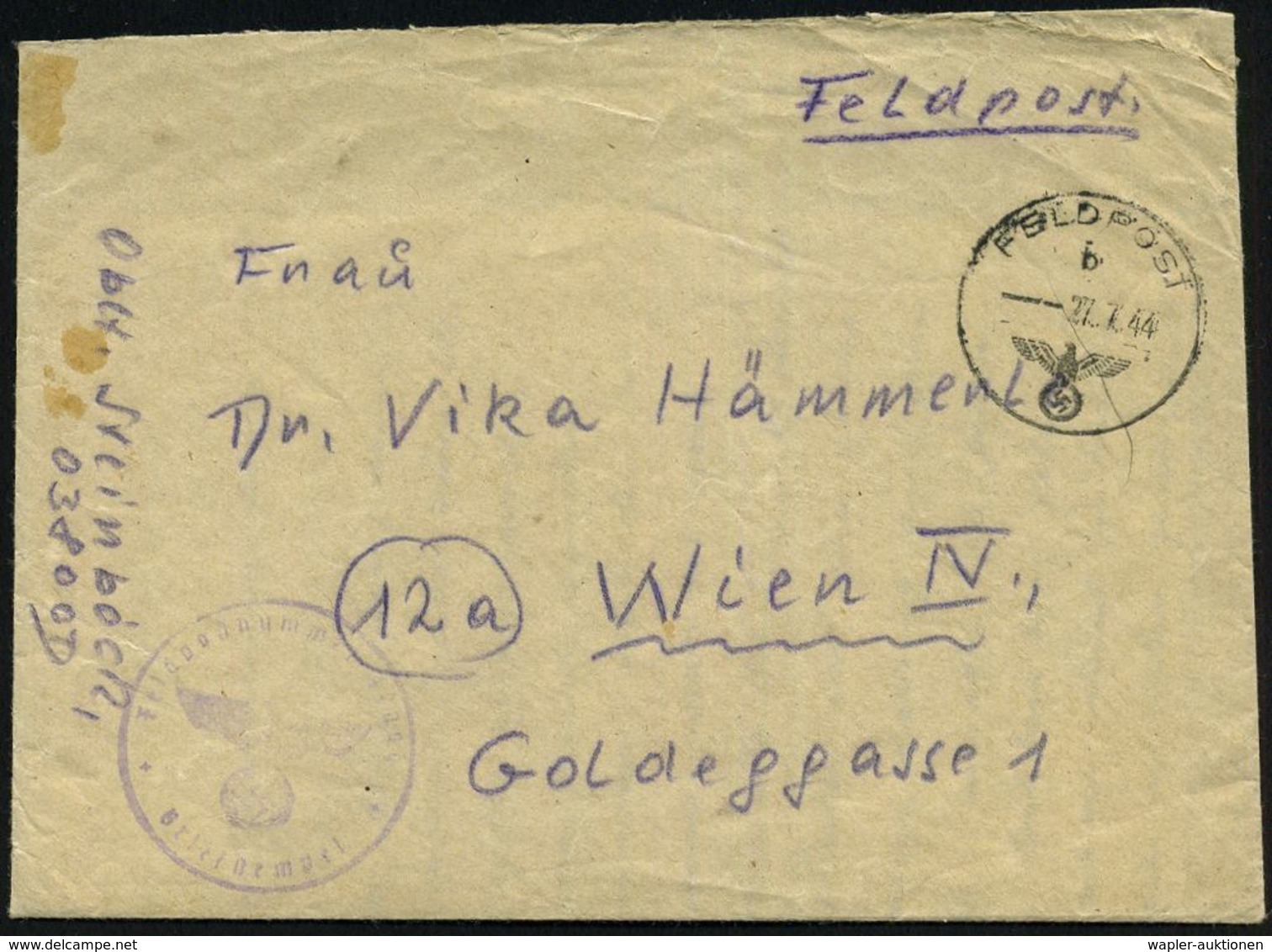 DT.BES.GRIECHENLAND 1944 (27.7.) 1K: FELDPOST/b/--- + Viol. 1K-HdN: Fp. Nr. 03800 = 10. Bttr. Art. Rgt. 999,  R H O D O  - 2. Weltkrieg