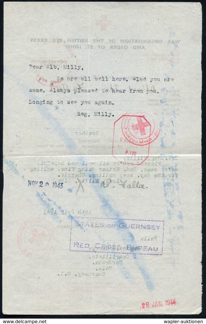 DT.BES.GUERNSEY (KANAL-INSELN) 1943 (19.7.) Brit. Rotkreuz-Formular "BRITISH RED CROSS AND ORDER OF ST.JOHN" (dt.-engl.  - 2. Weltkrieg