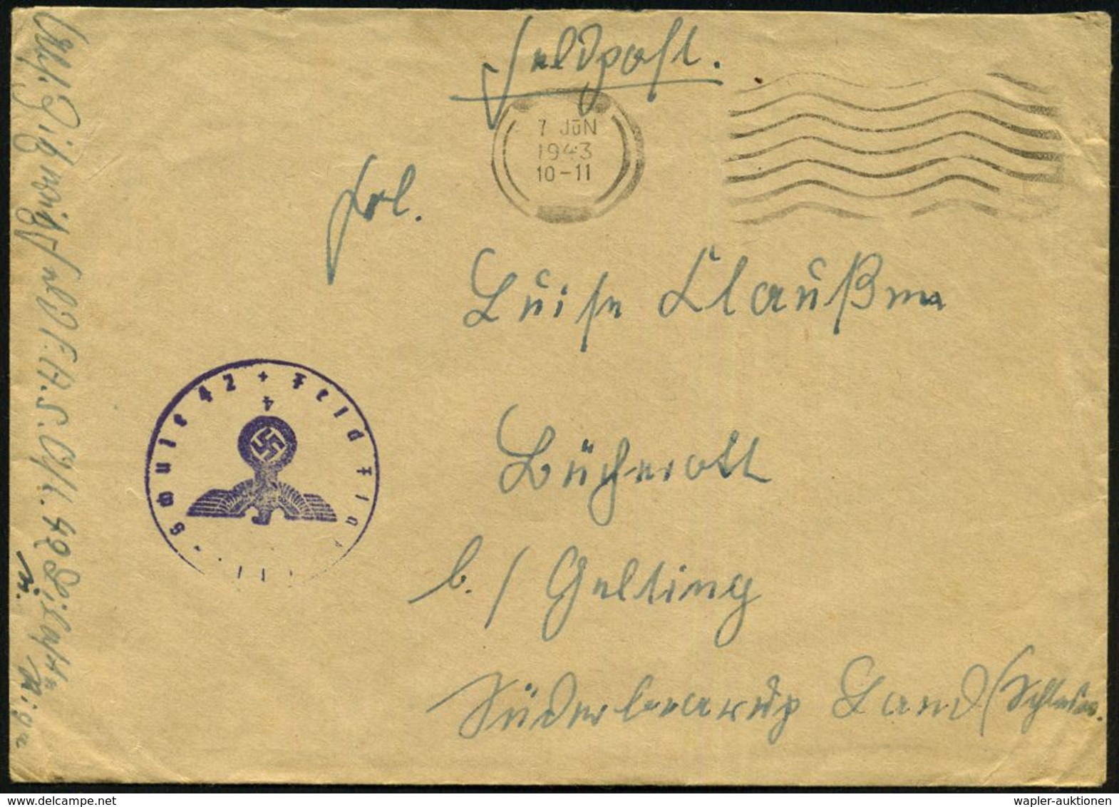 DT.BES.LETTLAND 1943 (7.6.) Stummer Ma.WellenSt. = Tarnstempel Riga + Viol. 1K-HdN: Feld-Flak Artl.-Schule 42/4 (oben Ge - 2. Weltkrieg