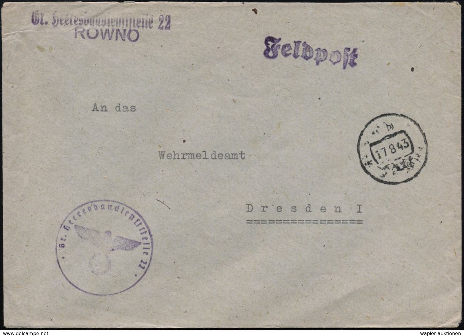 DT.BES.LETTLAND 1943 (17.8.) Stummer, Aptierter, Ehem. Sowjet. 1K = Tarnstempel Rowno + Viol. 1L + 1K: Gr. Heeresbausdie - 2. Weltkrieg