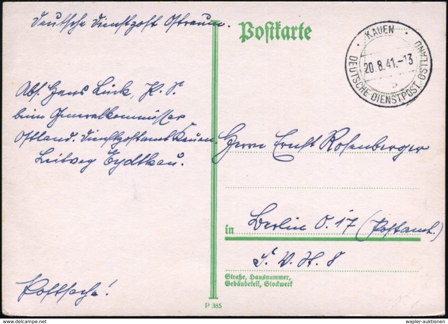 DT.BES.LITAUEN 1941 (20.8.) Früher 2K-Steg: KAUEN/b/DDPO = Kaunas + Hs. Vermerk "Deutsche Dienstpost Ostraum" + Hs. Abs. - Seconda Guerra Mondiale