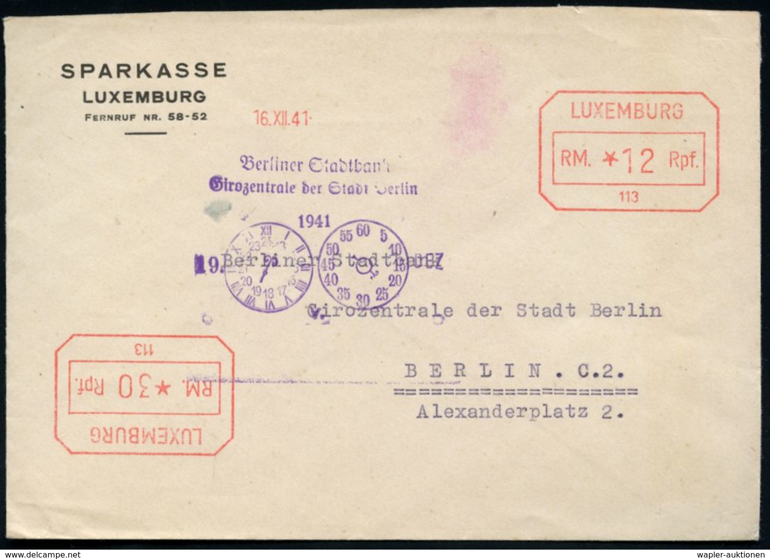 DT.BES.LUXEMBURG 1941 (16.12.) AFS 012 RPf. + 030 Pf. Typ Hasler Mit Kenn-Nr. 113 Ohne Werbeklischee U. Ortsstempel, Abe - WO2