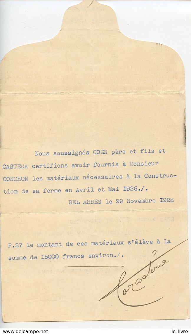 ALGERIE PLI COMMERCIAL COEN & CASTERA A SIDI-BEL-ABBES 1928 BOIS CONSTRUCTION ATTESTATION DE FOURNITURES DE MATERIAUX - Autres & Non Classés