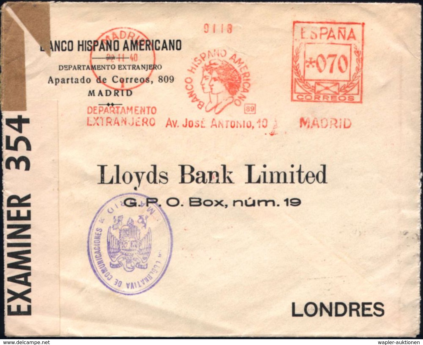 SPANIEN 1940 (22.11.) AFS: MADRID/1/BANCO HISPANO AMERICANO.. (2 Allegorische Frauenköpfe) + Roter Span.  Devisen-Zensur - 2. Weltkrieg