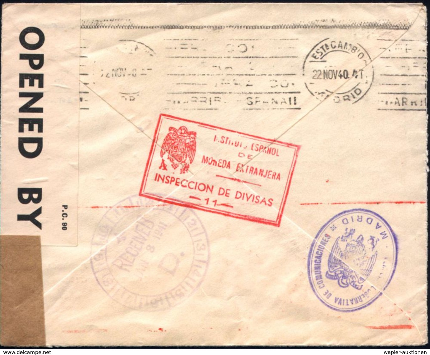 SPANIEN 1940 (22.11.) AFS: MADRID/1/BANCO HISPANO AMERICANO.. (2 Allegorische Frauenköpfe) + Roter Span.  Devisen-Zensur - 2. Weltkrieg