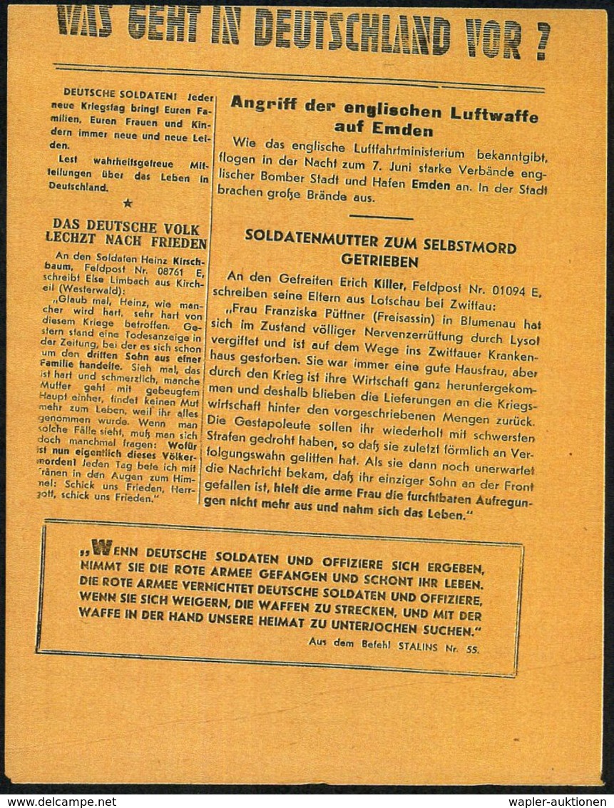 UdSSR /  DEUTSCHES REICH 1942 (Juni) Sowjet. Flugblatt (Nr.1586): WAS GEHT IN DEUTSCHLAND VOR? Mit 2 Satire-Zeichnungen: - Guerre Mondiale (Seconde)