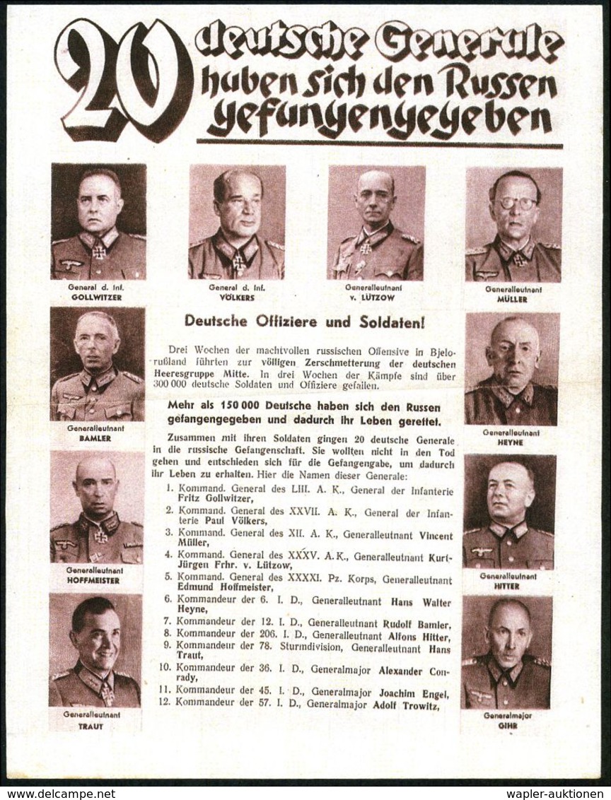 UdSSR /  DEUTSCHES REICH 1944 Sowjet. Propaganda-Flugblatt No.3097: 20 Deutsche Generale Haben Sich Den Russen Gefangeng - Seconda Guerra Mondiale