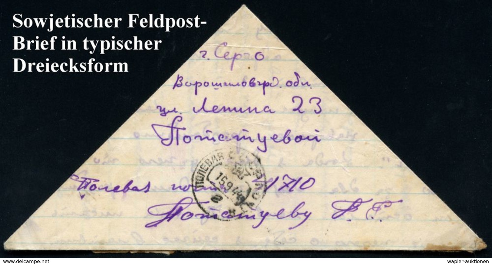 UdSSR 1944 (15.9.) Feldpost-1K Auf Dreieckigem Feldpost-Bf. Mit Inhalt, Rs. Blauer Zensur-HdN Nr. 09157 (Wo.1 A) Aus Let - Guerre Mondiale (Seconde)