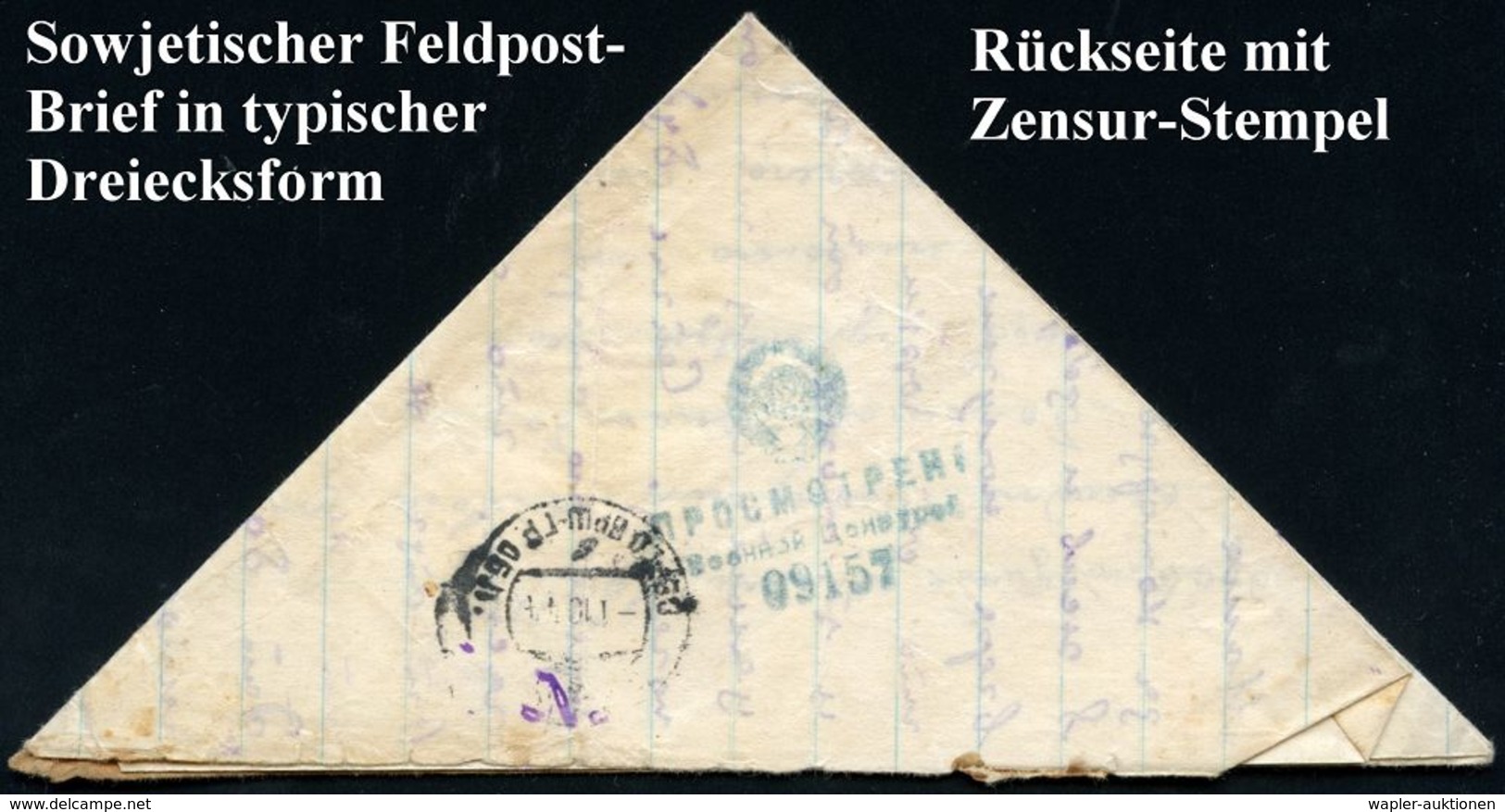 UdSSR 1944 (15.9.) Feldpost-1K Auf Dreieckigem Feldpost-Bf. Mit Inhalt, Rs. Blauer Zensur-HdN Nr. 09157 (Wo.1 A) Aus Let - Guerre Mondiale (Seconde)