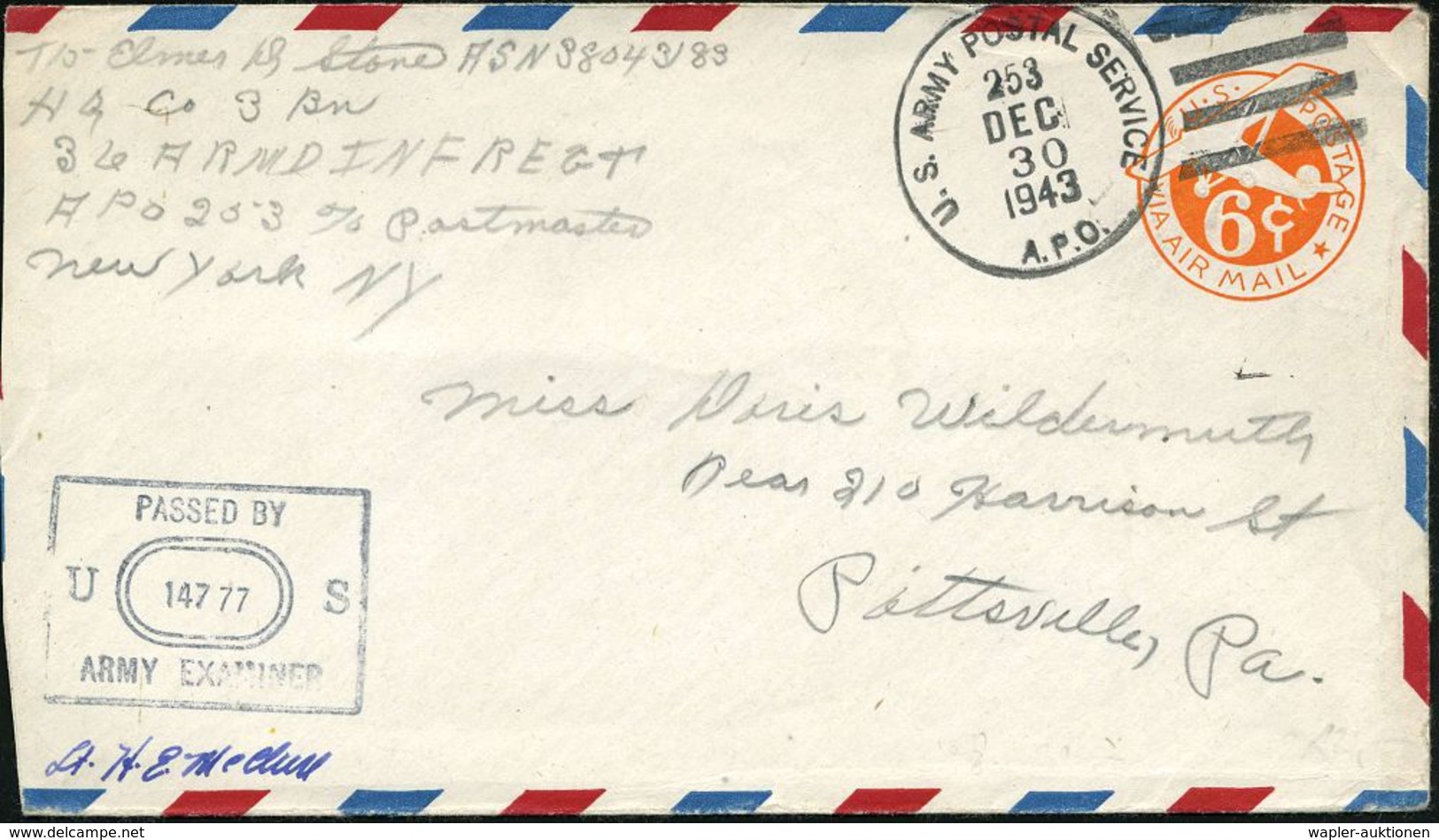 U.S.A. 1943 (30.12.) 6 C. LU Flugzeug, Orange, 1K-Killer: U.S. ARMY POSTAL SERVICE/A.P.O. + Viol. Ra.3: PASSED BY/U 1477 - Guerre Mondiale (Seconde)