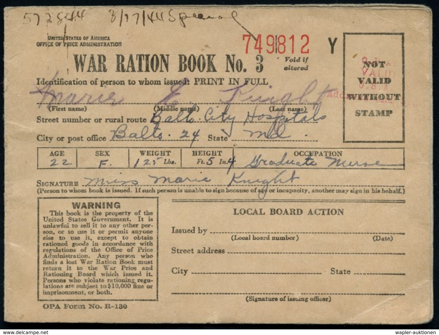 U.S.A. 1944 "WAR RATION BOOK No.3", Heft (kl. Rostfleckchen) Mit Wertmarken Für Rationierte Güter, Insges. 28 R-Marken + - Seconda Guerra Mondiale