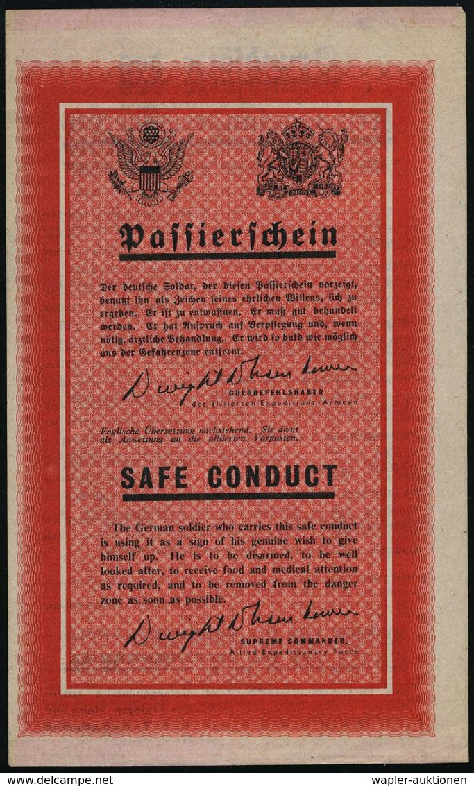 U.S.A. /  DEUTSCHES REICH 1944 Anglo-amerikan. Propapaganda-Flugblatt "Passierschein" Für Deutsche Soldaten (SAFE CONDUC - Guerre Mondiale (Seconde)