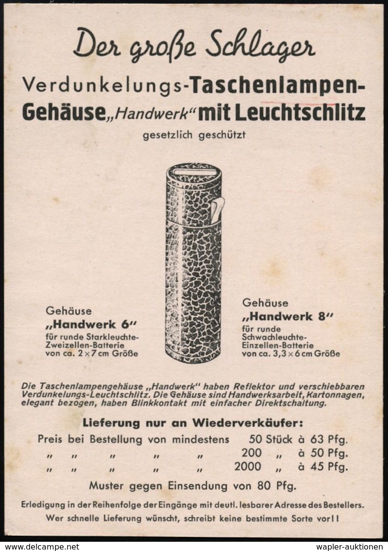 BERLIN-CHARLOTTENBG.2/ Bf 1940 (22.1.) PFS 3 Pf. Auf Reklame-Kt: Verdunklungs-Taschenlampe! (mit Leuchtschlitz) U. Preis - Seconda Guerra Mondiale