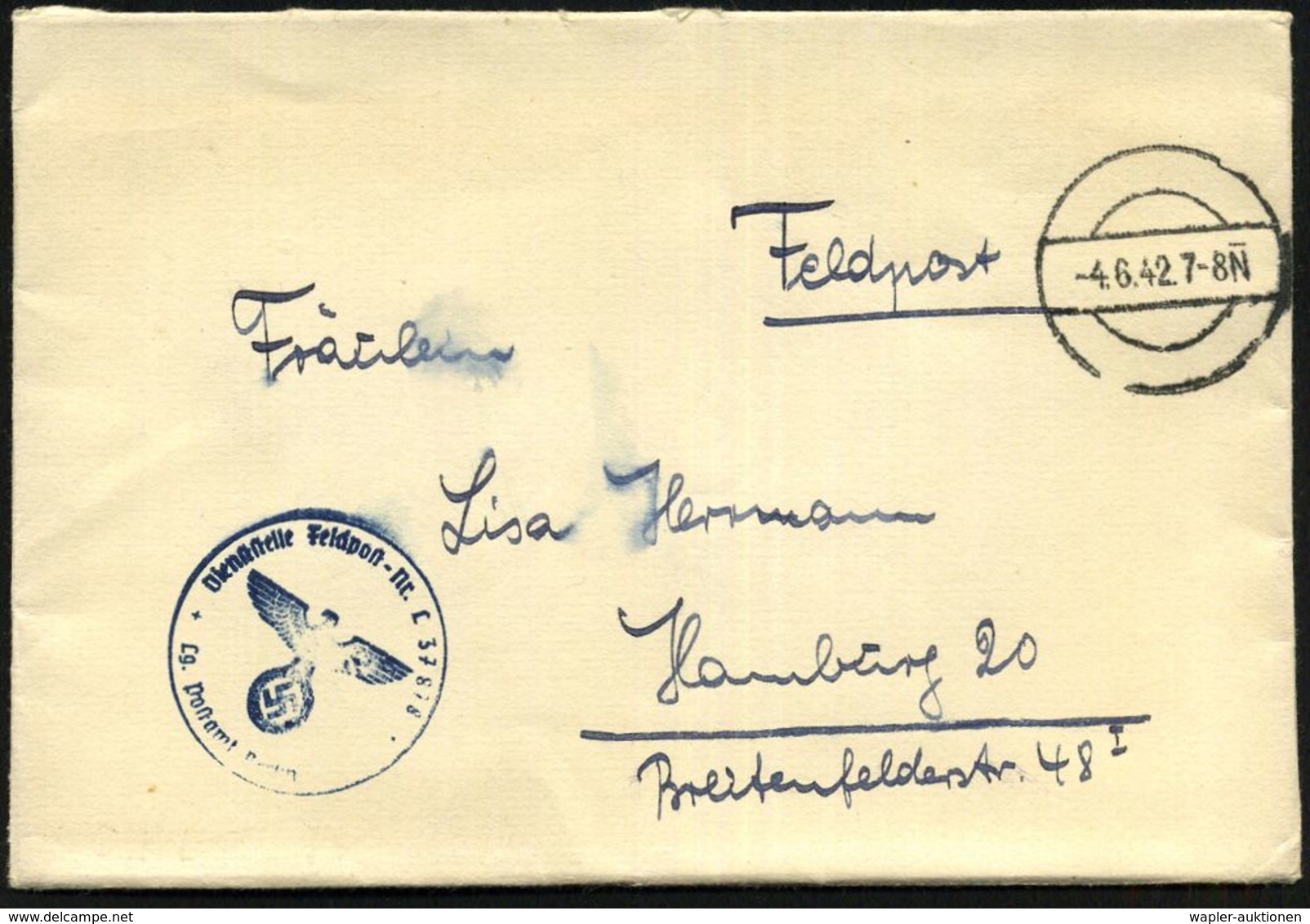 Berlin 1942 (4.6.) Stumme 1K-Brücke = Tarnstempel Berlin + Blauer 1K-HdN: Feldpost-Nr. L 37 878/Lg. Postamt Berlin = Obe - Guerre Mondiale (Seconde)