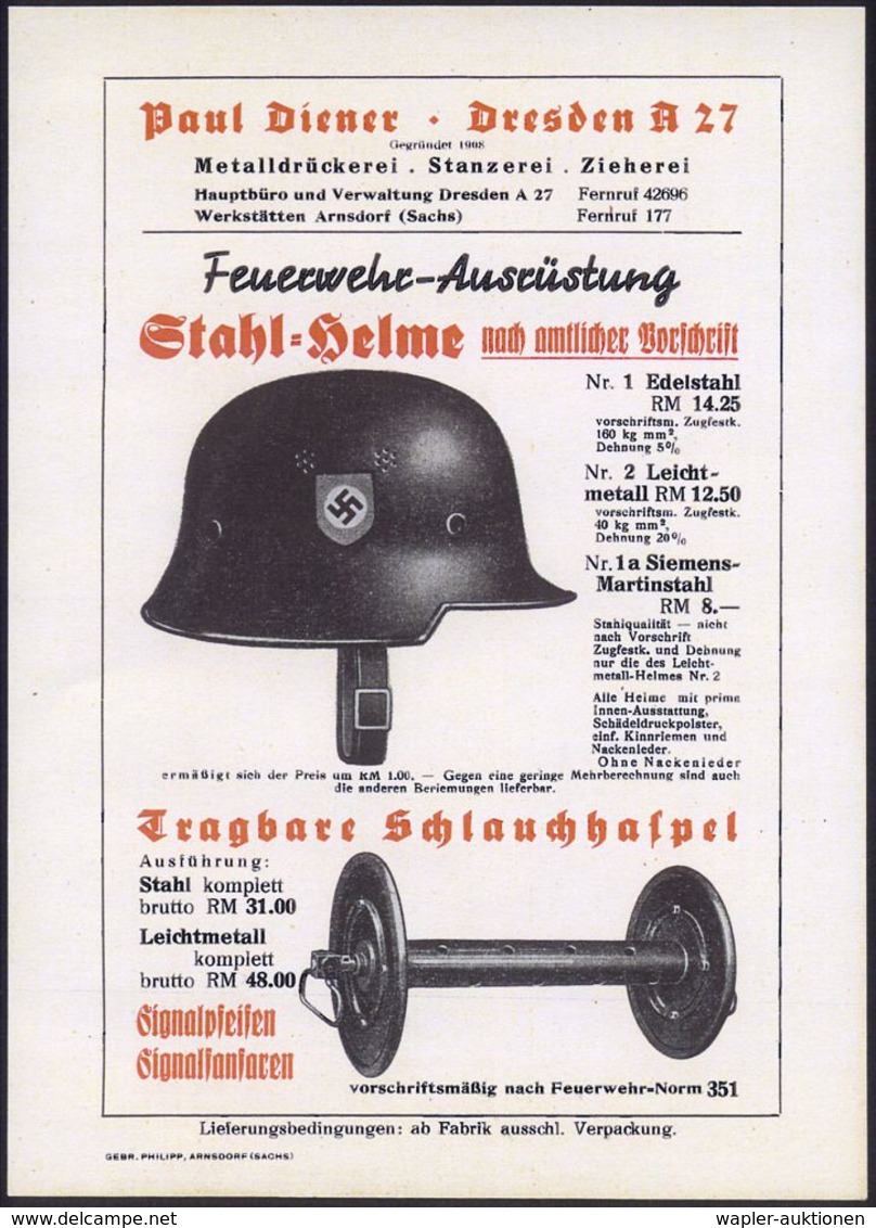 Dresden A 27 1939 (ca.) Reklameblatt Fa. Paul Diener Für Feuerwehr-Ausrüstung: Feuerwehr- U. Luftschutzhelm U. Schlauchh - WW2