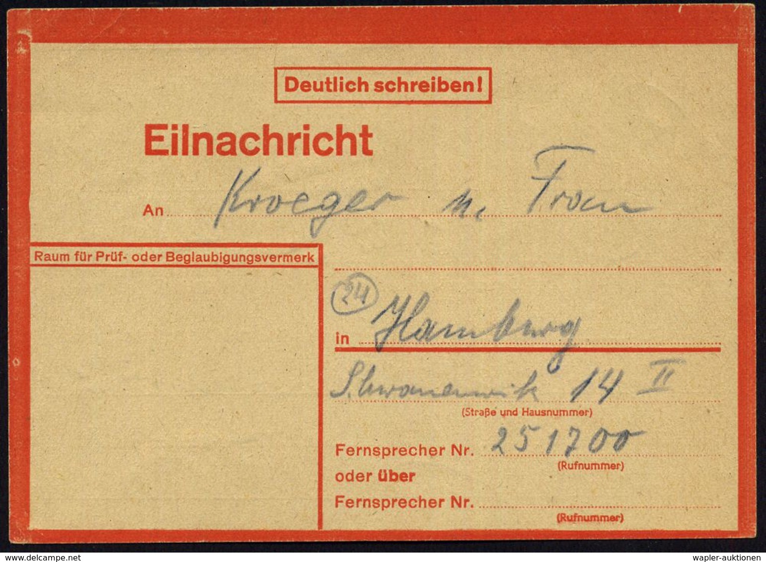 Kiel 1944 (28.8.) Rote Eilnachricht-Kt. Mit Druckvermerk: 5431 43 2 D, Text: "Haus + Inhalt Verbrannt.. Fassungslos" (sc - Seconda Guerra Mondiale