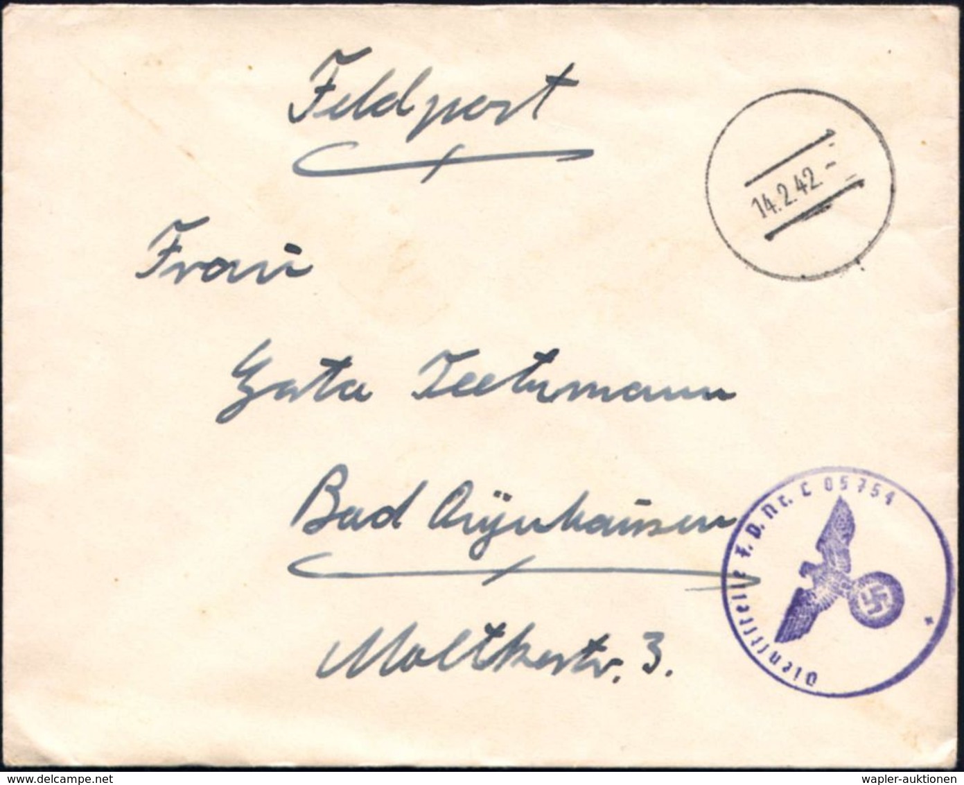 München 1942 (14.2.) Stummer, Aptierter HWSt = Tarnstempel München + Viol. 1K-HdN: F.P. Nr. L 05754 = Ergänzungs-Gruppe  - Guerre Mondiale (Seconde)