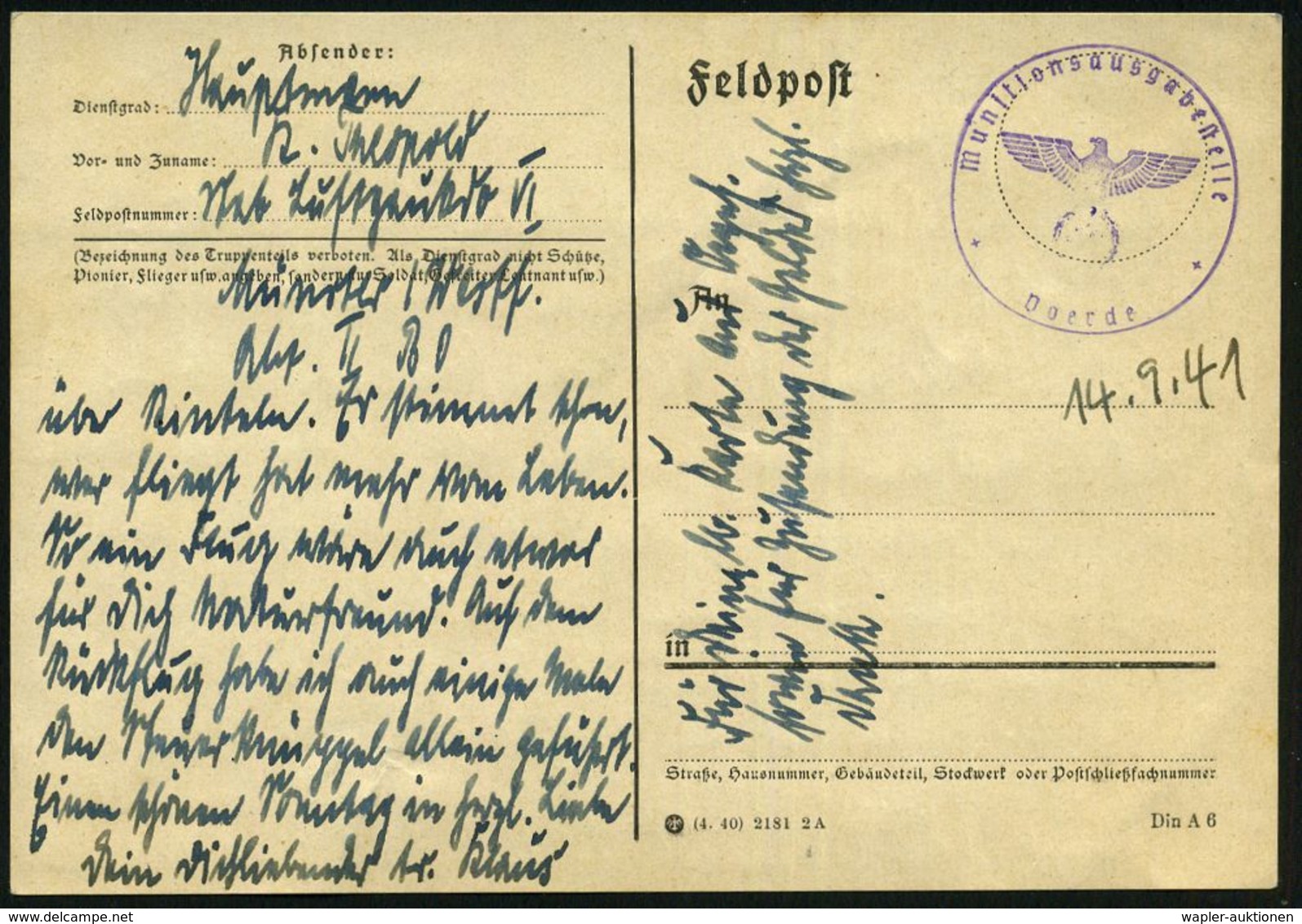 MÜNSTER (WESTF) 2/ Dd/ EIGENE VORSICHT/ BESTER UNFALLSCHUTZ #bzw.# Auf Postsendungen/ Zustell-postamt../ Angeben. 1941/4 - WO2