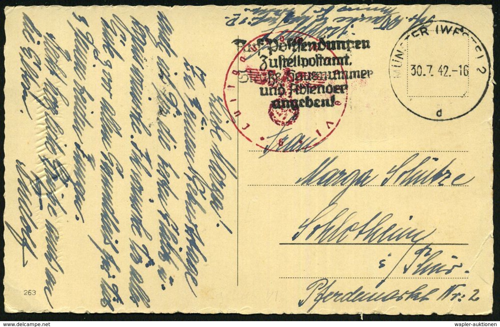 MÜNSTER (WESTF) 2/ Dd/ EIGENE VORSICHT/ BESTER UNFALLSCHUTZ #bzw.# Auf Postsendungen/ Zustell-postamt../ Angeben. 1941/4 - WO2