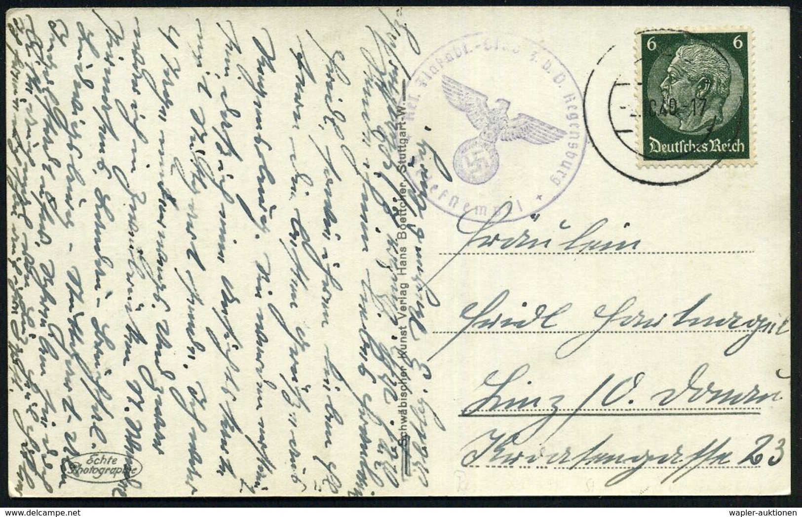 Regensburg 1941/42 Stummer 2K = Tarnstempel Auf EF 6 Pf. + Viol. 1K-HdN: Res. Flakabt.-Stab Z.(ur) B.(esonderen) V.(erwe - WO2