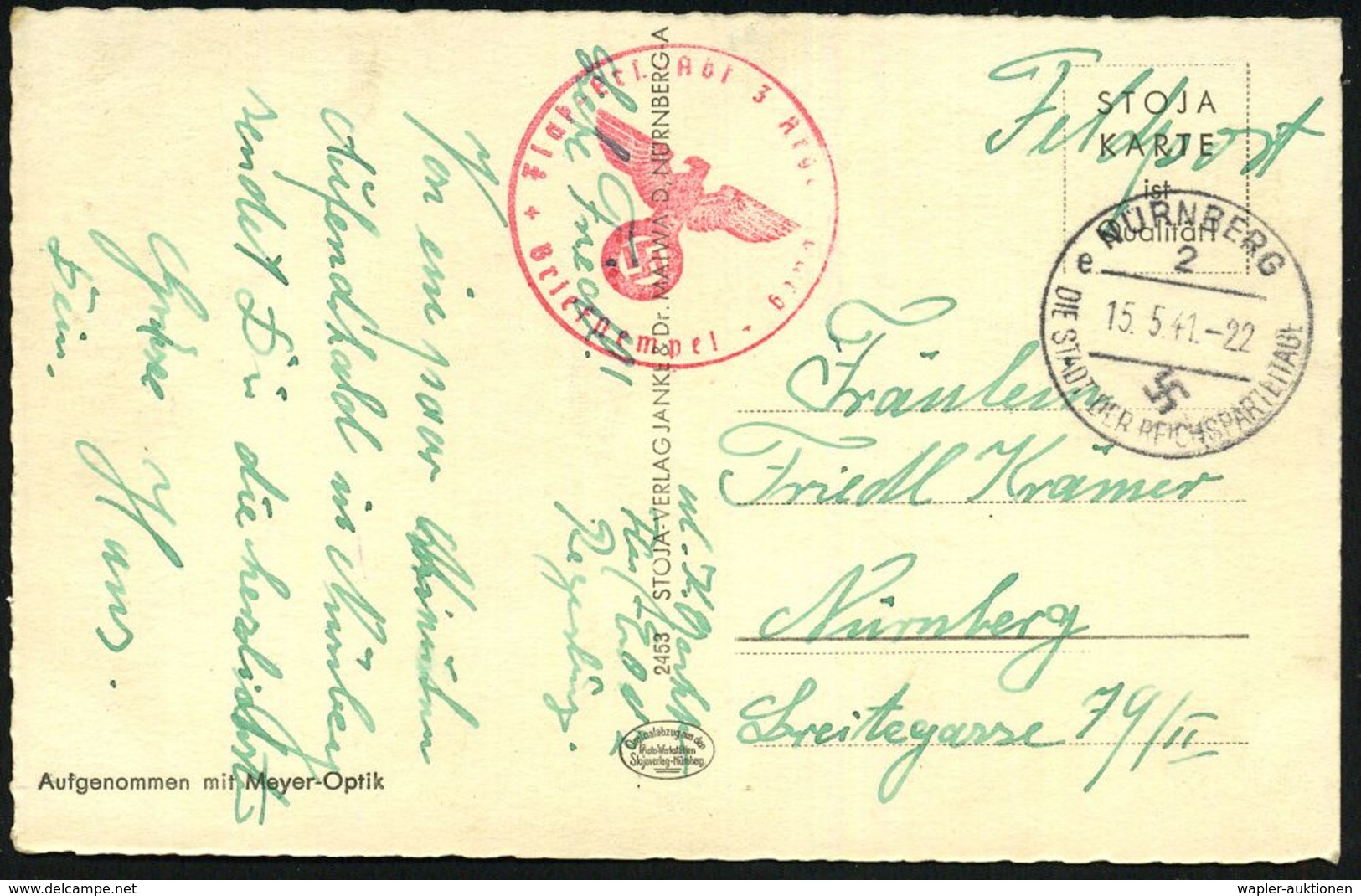 Regensburg 1941/42 Stummer 2K = Tarnstempel Auf EF 6 Pf. + Viol. 1K-HdN: Res. Flakabt.-Stab Z.(ur) B.(esonderen) V.(erwe - WW2