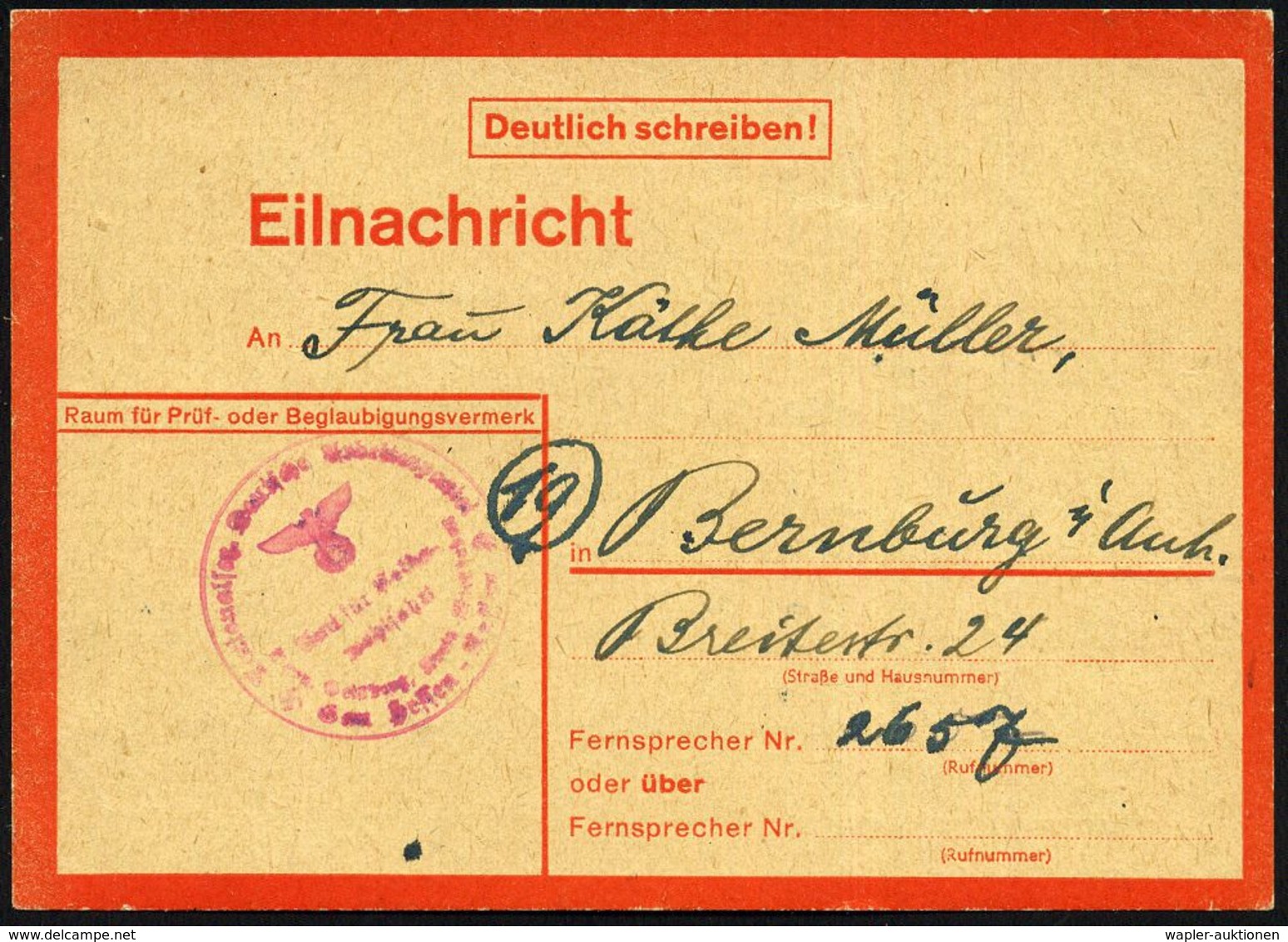 Wiesbaden 1945 (8.2.) Rote, Portofreie Eilnachrichten-Karte "Lebenszeichen Aus..", Druckvermerk: 21400 43 2 D , Fehldruc - Guerre Mondiale (Seconde)