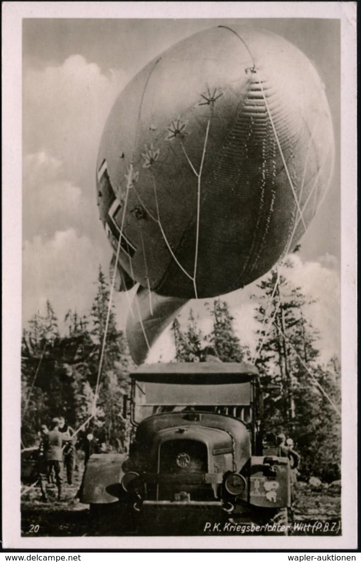 DEUTSCHES REICH 1943 (Dez.) S/w.-Foto-Ak.: Fesselballon-Aufklärung (Spezial-LKW) P.K. Fotograf Witt, (EF 12 + 38 Pf. Rob - WO2