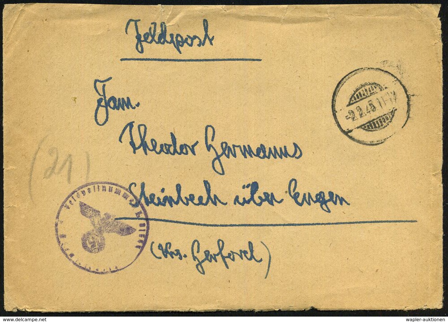 DEUTSCHES REICH 1945 (2.2.) 1K-Gitter = Tarnstempel + Viol. 1K-HdN: Feldpostnr. L 01553 = 1. Battr. Flakscheinwerfer Abt - Seconda Guerra Mondiale