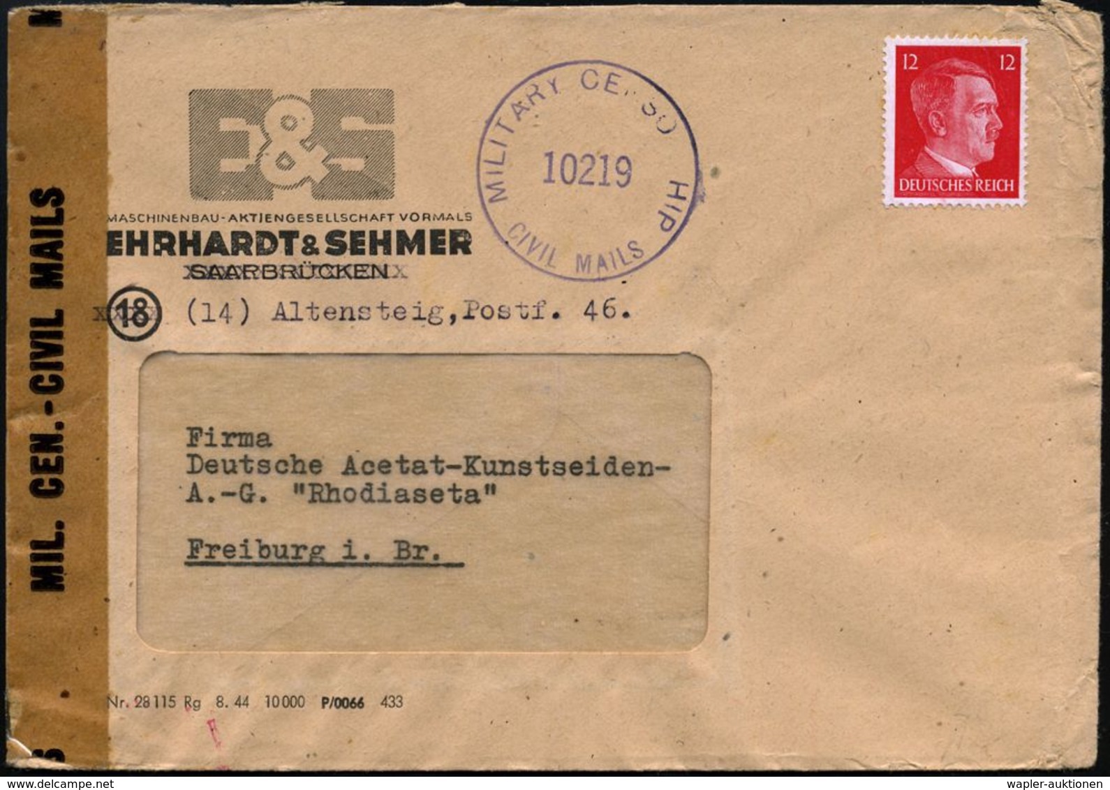 Altensteig 1945 (ca. April) 12 Pf. Hitler Ungestempelt Auf Firmenbf.: EHRHARDT & SEMER Aus Saarbrücken Nach Altensteig A - WO2