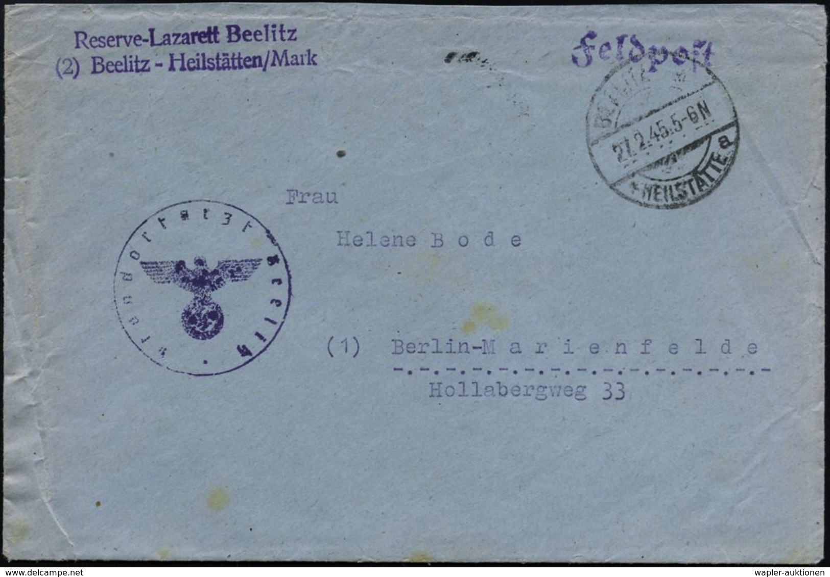 (2) Beelitz-Heilstätten-Mark/ Reserve-Lazarett Beelitz 1945 (27.2.) Viol. Abs.-2L + 1K-Steg: BEELITZ/* (HEILSTÄTTE)/a =  - Guerre Mondiale (Seconde)