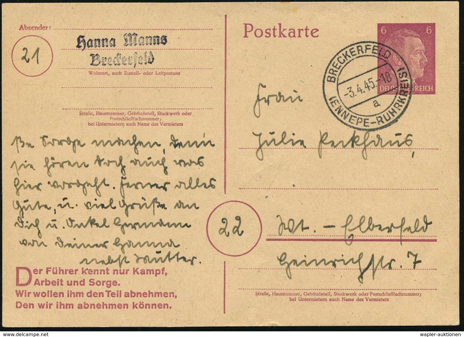 BRECKERFELD/ A/ (ENNEPE-RUHRKREIS) 1945 (3.4.) 2K-Steg = PSt. I Klar Auf Inl.-P 6 Pf. Hitler: Der Führer Kennt Nur Kampf - Guerre Mondiale (Seconde)