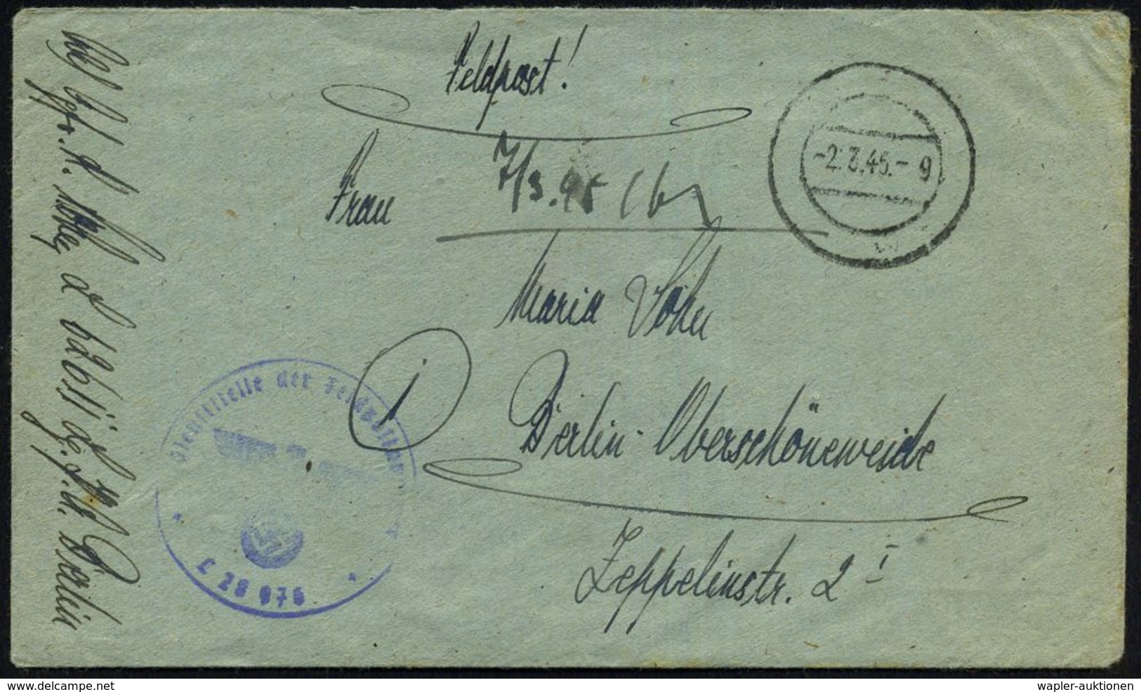 Stettin 1945 (2.3./7.3.) 2x Stummer 2K-Steg = Tarnstempel Stettin + Je Viol. 1K-HdN: Feldpostnr. L 28 976 + Hs. Vs. Neue - WO2