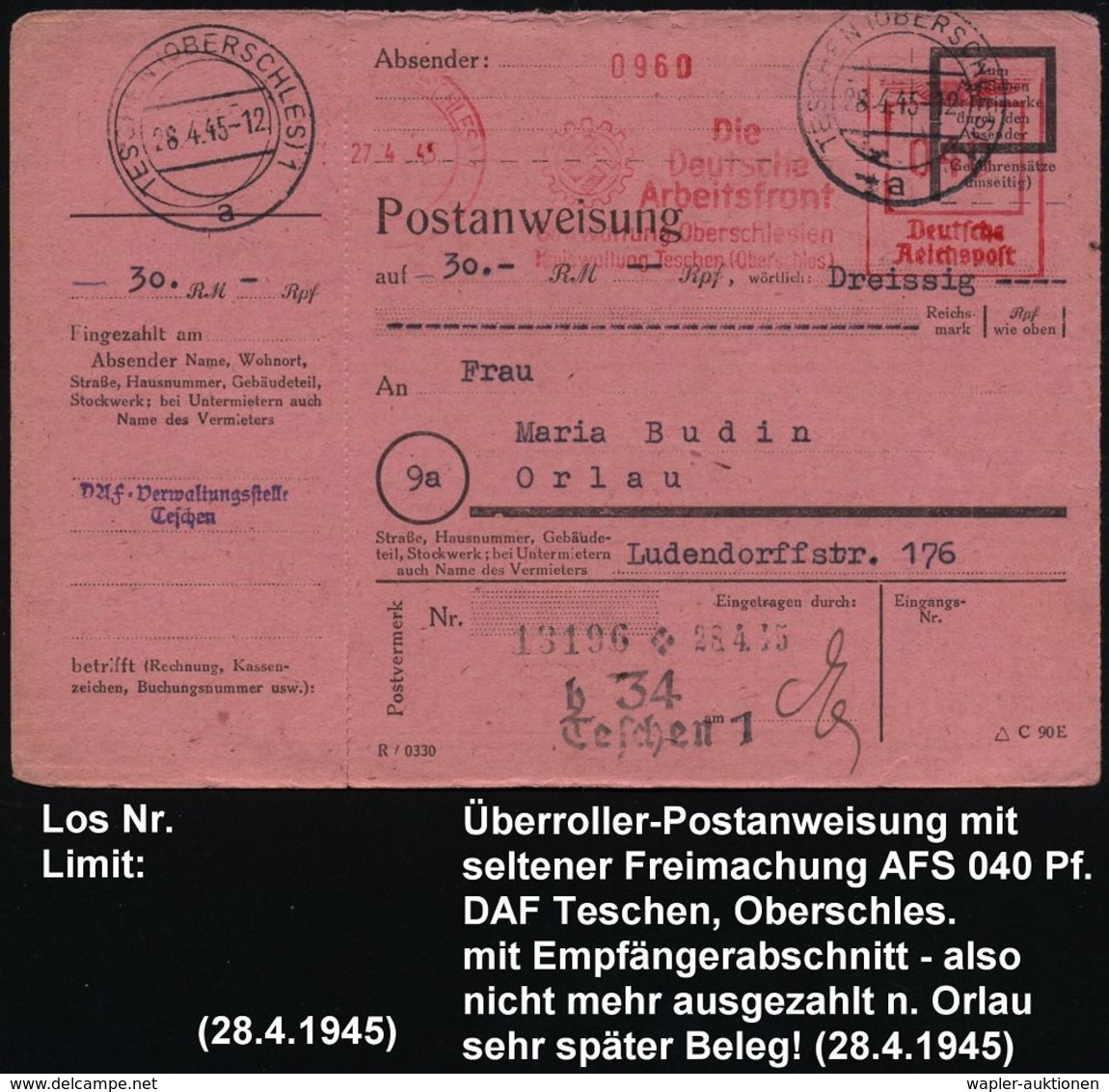 TESCHEN (OBERSCHL)/ Die/ Deutsche/ Arbeitsfront/ Gauwaltung Oberschlesien.. 1945 (28.4.) AFS 040 Pf. + 2K: TESCHEN (OBER - Guerre Mondiale (Seconde)