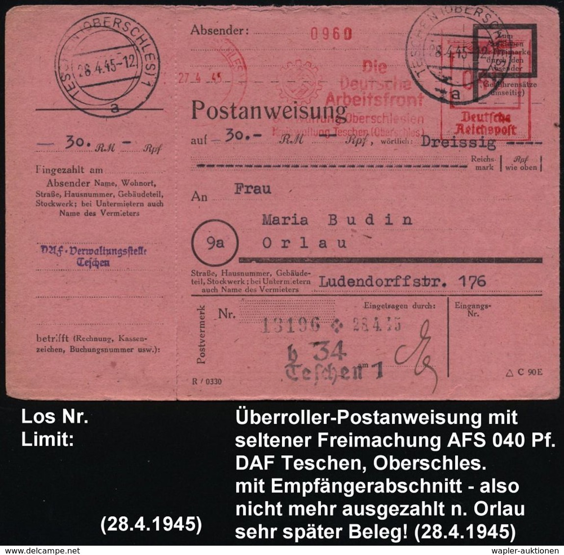 TESCHEN (OBERSCHL)/ Die/ Deutsche/ Arbeitsfront/ Gauwaltung Oberschlesien.. 1945 (28.4.) AFS 040 Pf. + 2K: TESCHEN (OBER - WO2