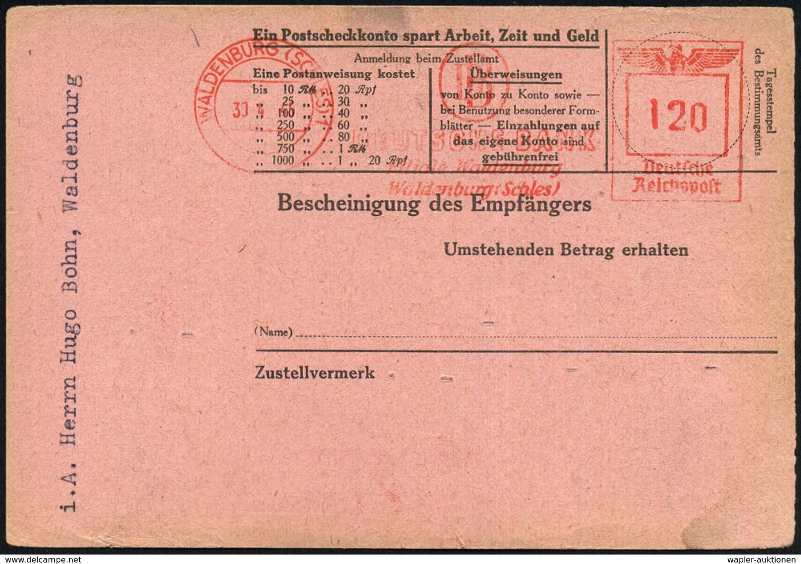WALDENBURG (SCHLES) 1/ DB/ DEUTSCHE BANK... 1945 (30.4.) AFS 120 Pf. Rs. Auf Rosa Postanweisngs-Karte, 2x 1K-Steg: WALDE - WO2