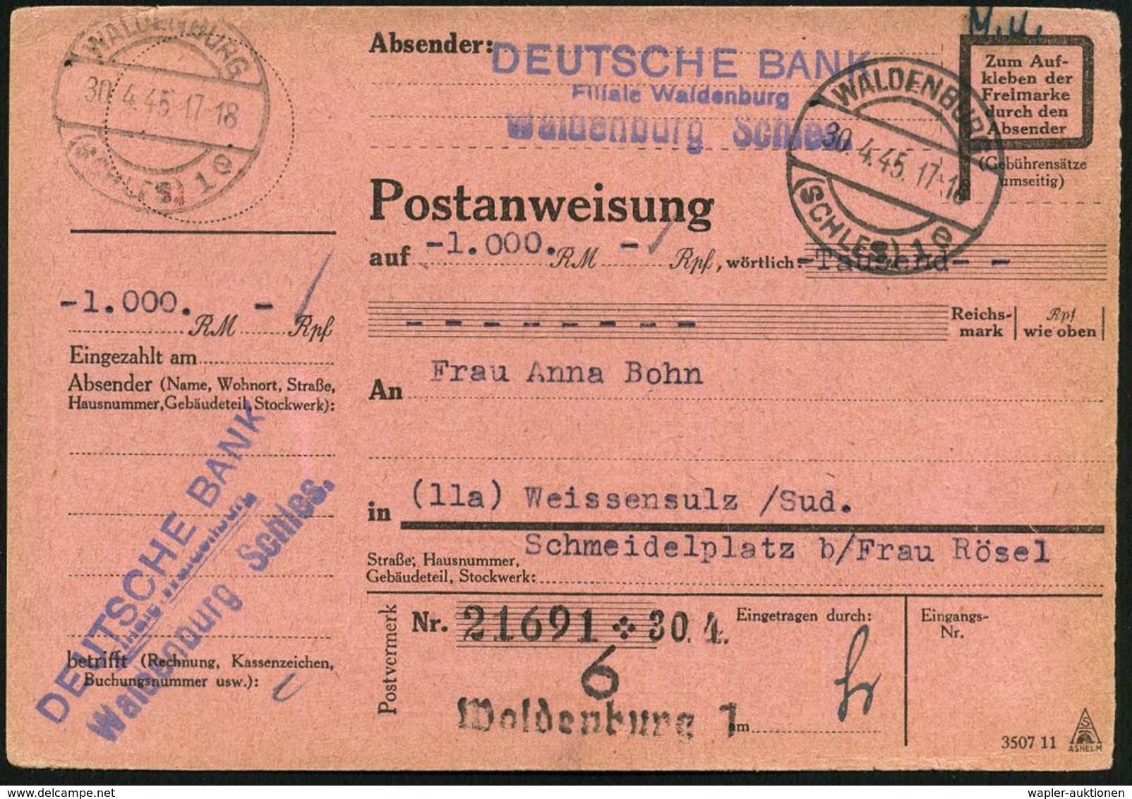 WALDENBURG (SCHLES) 1/ DB/ DEUTSCHE BANK... 1945 (30.4.) AFS 120 Pf. Rs. Auf Rosa Postanweisngs-Karte, 2x 1K-Steg: WALDE - WO2