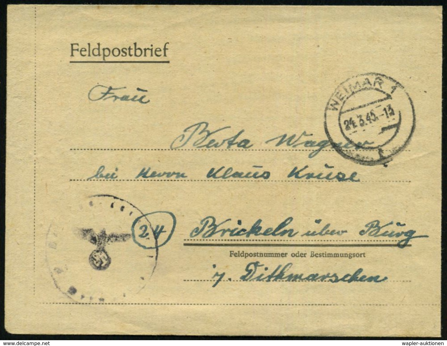 WEIMAR 1/ R 1945 (24.3.) 2K-Steg + 1K-HdN Reserve-Lazarett (abgenutzt) + Rs. Hs. Abs.: ".. Res.-Lazarett Schiller-Schule - WO2