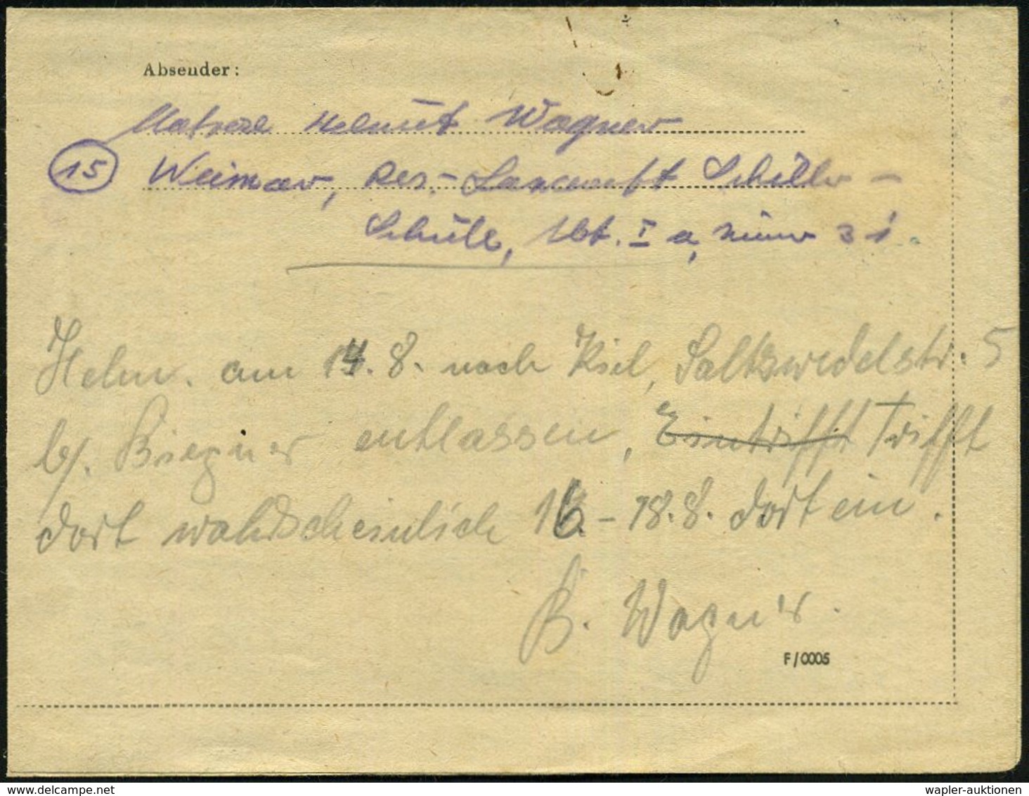 WEIMAR 1/ R 1945 (24.3.) 2K-Steg + 1K-HdN Reserve-Lazarett (abgenutzt) + Rs. Hs. Abs.: ".. Res.-Lazarett Schiller-Schule - Guerre Mondiale (Seconde)