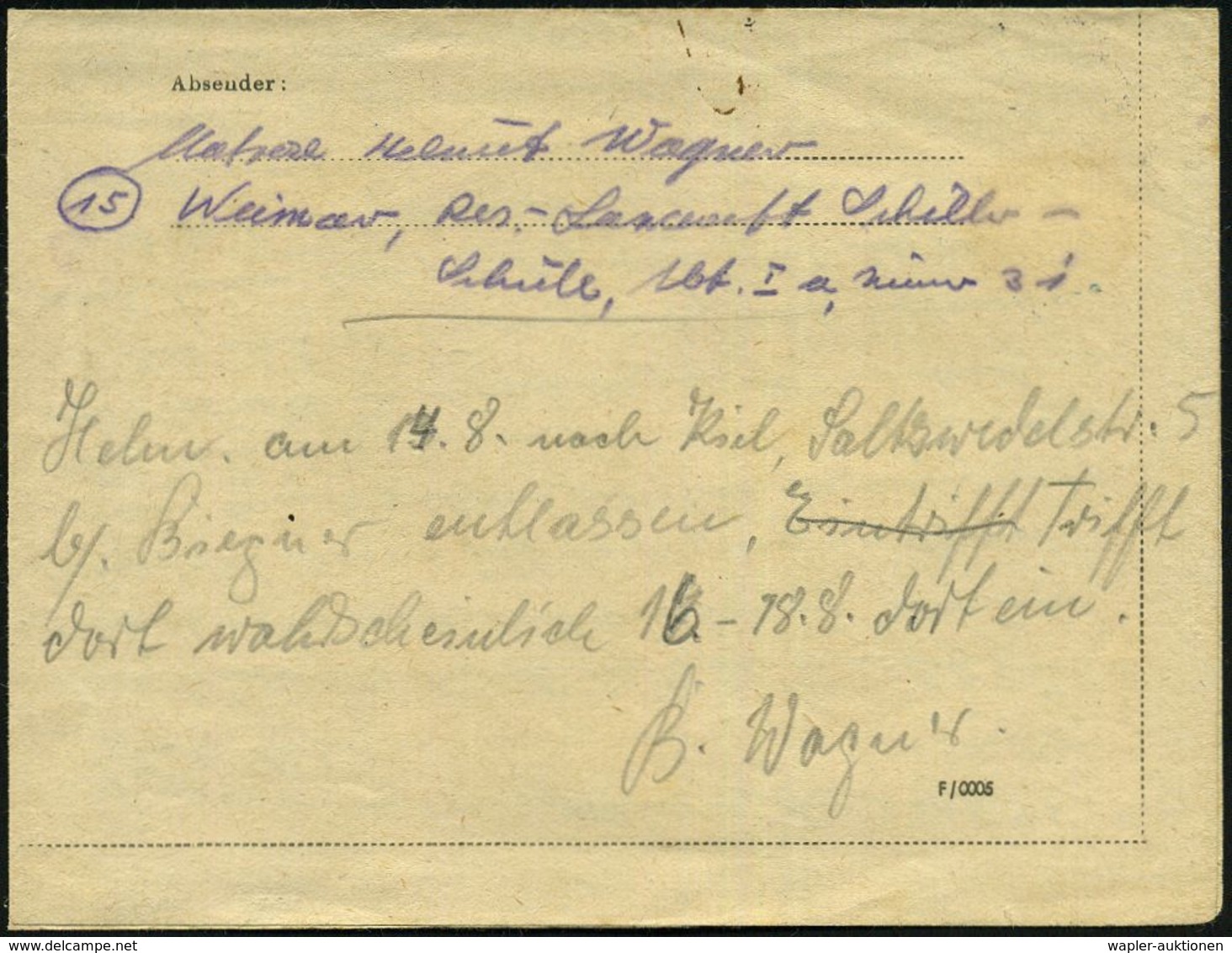 WEIMAR 1/ R 1945 (24.3.) 2K-Steg + 1K-HdN Reserve-Lazarett (abgenutzt) + Rs. Hs. Abs.: ".. Res.-Lazarett Schiller-Schule - Seconda Guerra Mondiale
