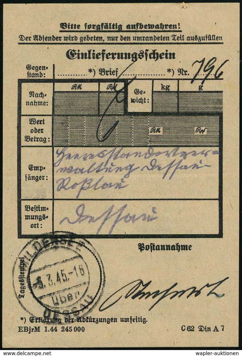 (19) ZERBST/ B 1945 (16.3.) 2K-Steg Mit PLGZ + Viol. 1K-HdN: Heeresstandortgebührenstelle Zerbst , Klar Gest. Feldpost-F - 2. Weltkrieg