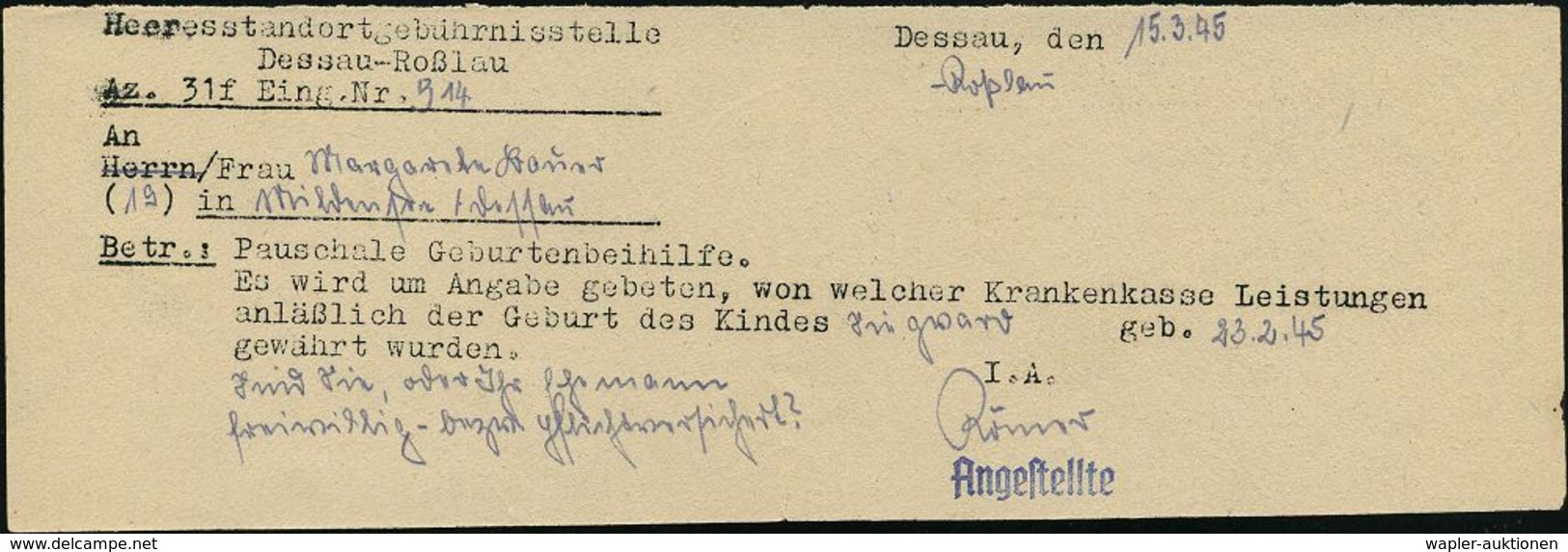 (19) ZERBST/ B 1945 (16.3.) 2K-Steg Mit PLGZ + Viol. 1K-HdN: Heeresstandortgebührenstelle Zerbst , Klar Gest. Feldpost-F - 2. Weltkrieg