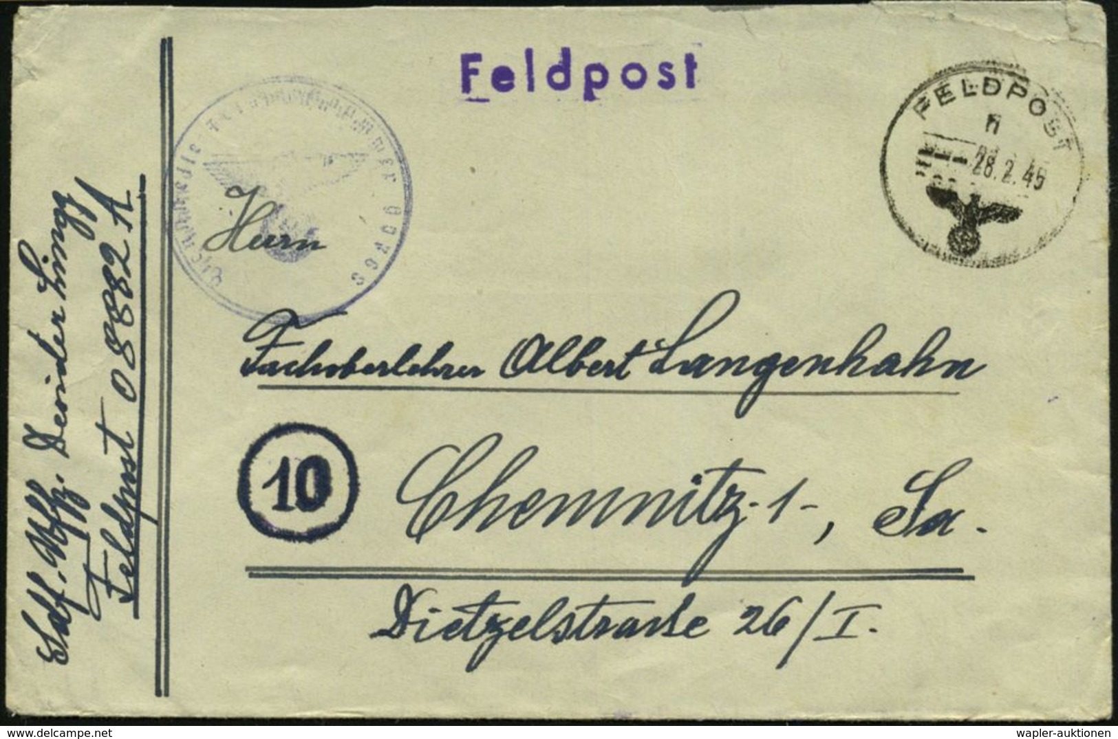 DEUTSCHES REICH 1945 (28.2.) 1K: FELDPOST/b/--- + Schw. 1K-HdN: Fp. Nr. 00768 = Feld-Lazarett 683 + Hs. Abs.: Fp.-Nr. 08 - Guerre Mondiale (Seconde)