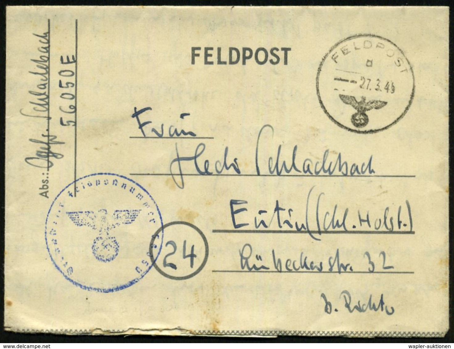 DEUTSCHES REICH 1945 (27.3.) 1K: FELDPOST/d/--- + Blauer 1K-HdN: Feldpostnr. 56050 = Armee-Waffenschule A. O. K. 8 , Kle - WO2