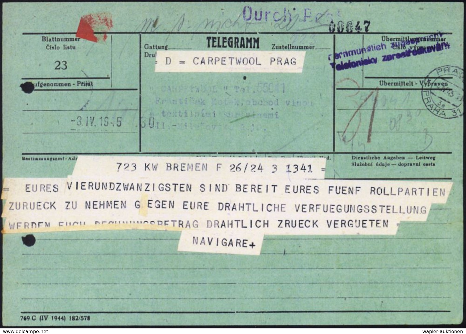 BÖHMEN & MÄHREN 1945 (4.4.) 2K-Steg: PRAG 31/3e/PRAHA 31 (rechts Nicht Ganz Voll) Auf Grünem Telegramm, Zweisprachiger V - WW2