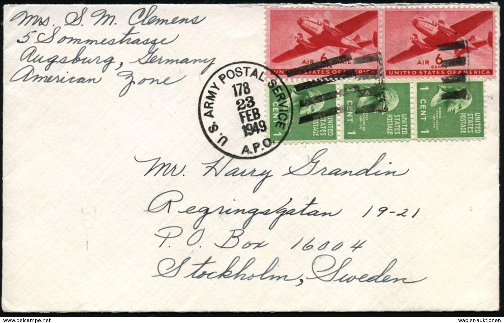 Augsburg 1949 (23.2.) 1K-Killer: U.S. ARMY POSTAL SERVICE/173/A.P.O. = US.-Feldpostamt Augsburg + Hs. Abs.: ".. Augsburg - 2. Weltkrieg