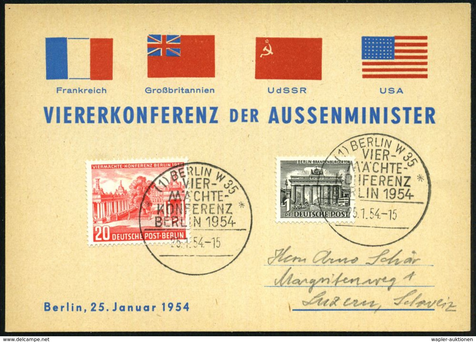 BERLIN 1954 (25.1.) SSt.: (1) BERLIN W 35/VIER-/MÄCHTE-/ KONFERENZ Auf 20 Pf. Viermächte-Konferenz + 1 Pf. Brandenbg. To - WO2